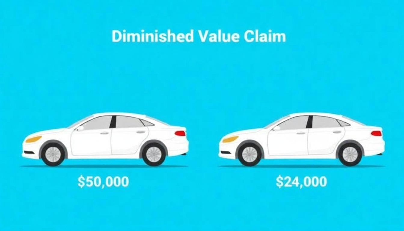Before and after comparison showing a car's diminished market value following an accident and repair